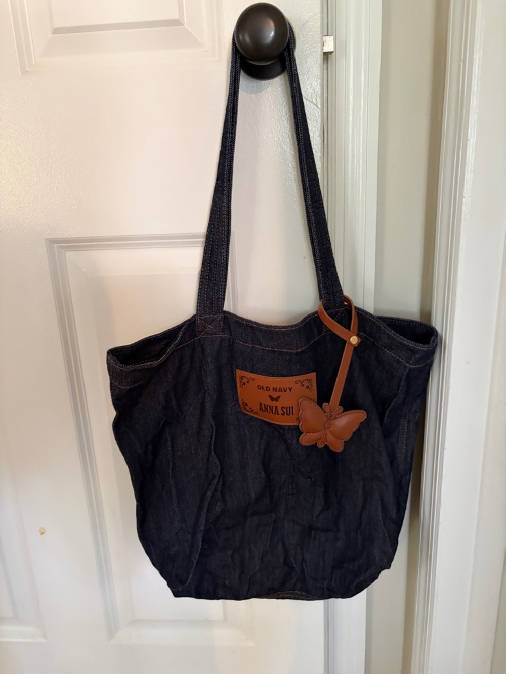 Anna Sui for Old Navy Dark Denim Tote Bag with Brown Butterfly Charm
